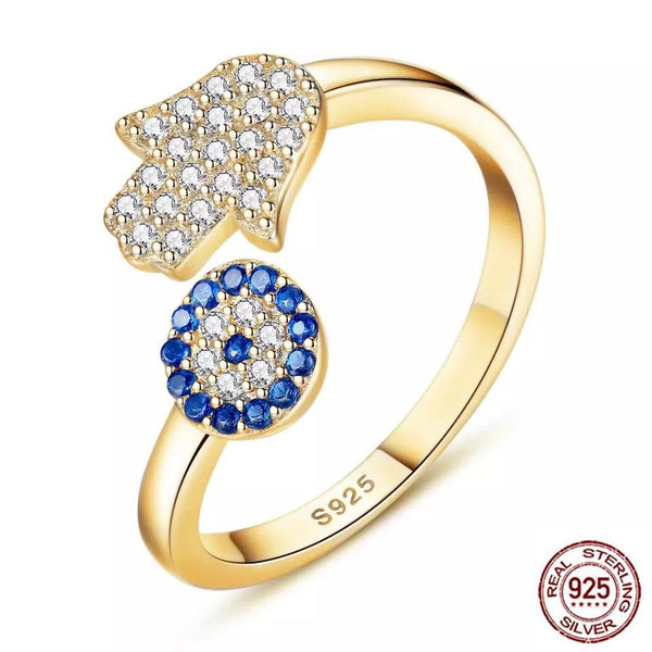 925 Silver Gold Plated Evil Eye Hamsa Hand Adjustable Ring Evil Eye Sydney Grand Bazaar