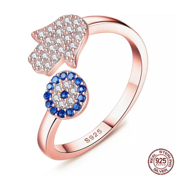 925 Silver Rose Gold Evil Eye Hamsa Hand Adjustable Ring Evil Eye Sydney Grand Bazaar