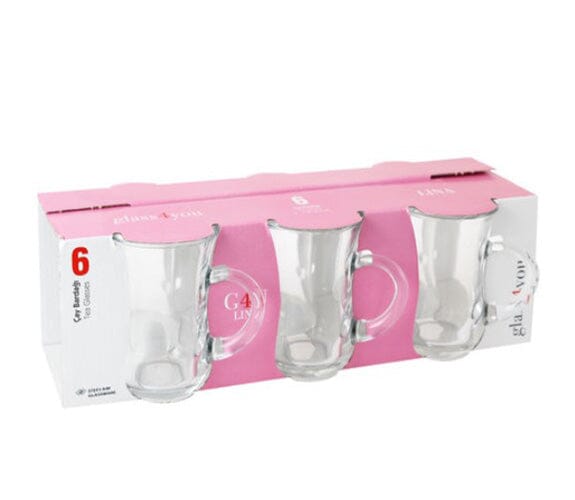 Pasabahce Turkish Tea Cup Set Handled Glass Ceramic Pasabahce