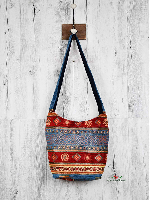 Turkish Handbag Shoulder Aztec Light Blue Red Textile Sydney Grand Bazaar