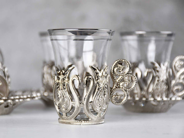 Turkish Tea Cup Set of 6 Copper Collection Silver Ceramic Sydney Grand Bazaar