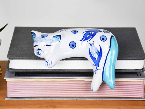 ceramic lazy cat small flower blue