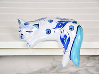 ceramic lazy cat small flower blue