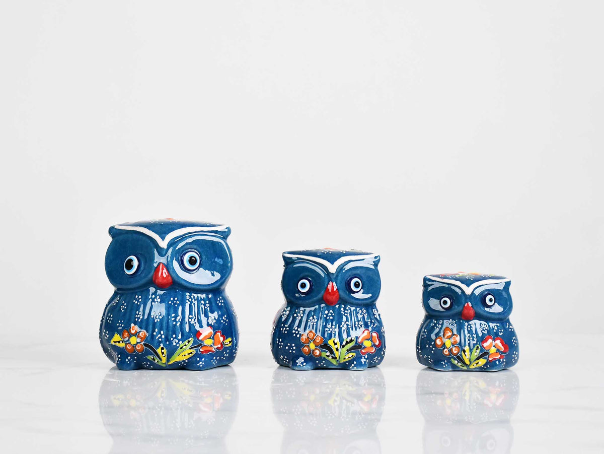 Flower ceramic owl set green