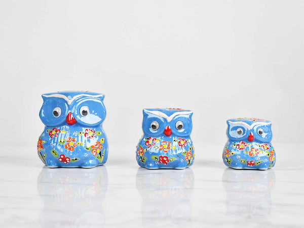 Flower ceramic owl set light blue
