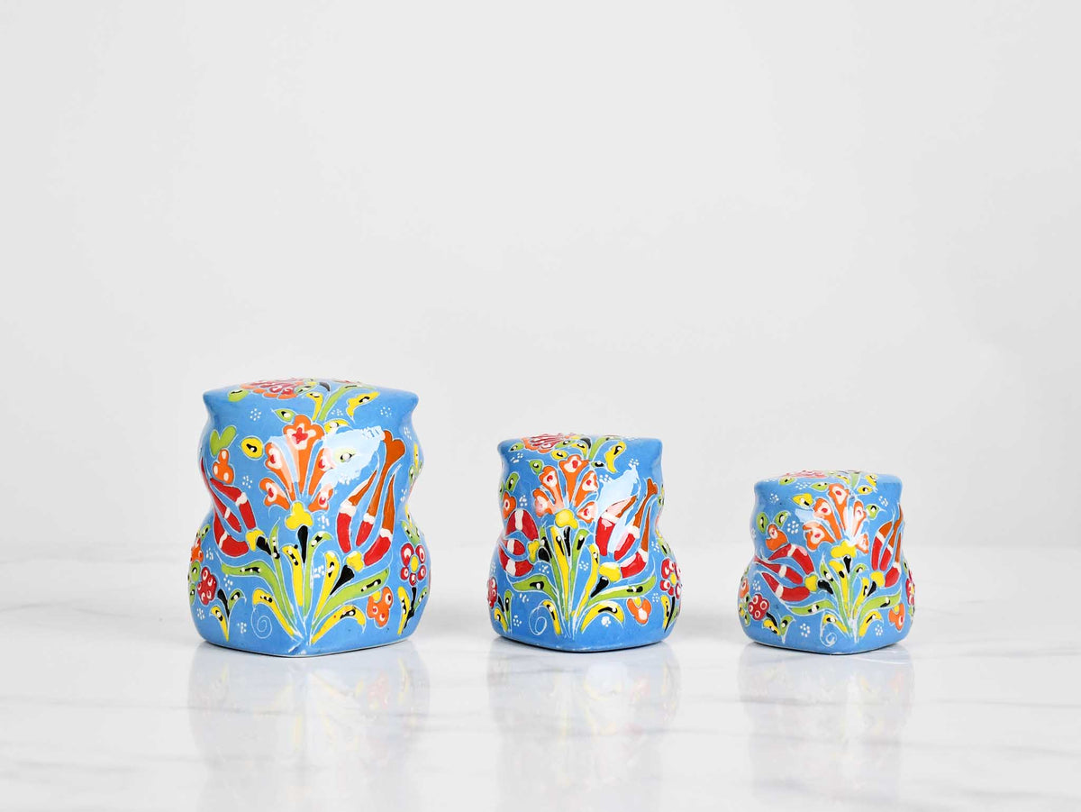 Flower ceramic owl set light blue