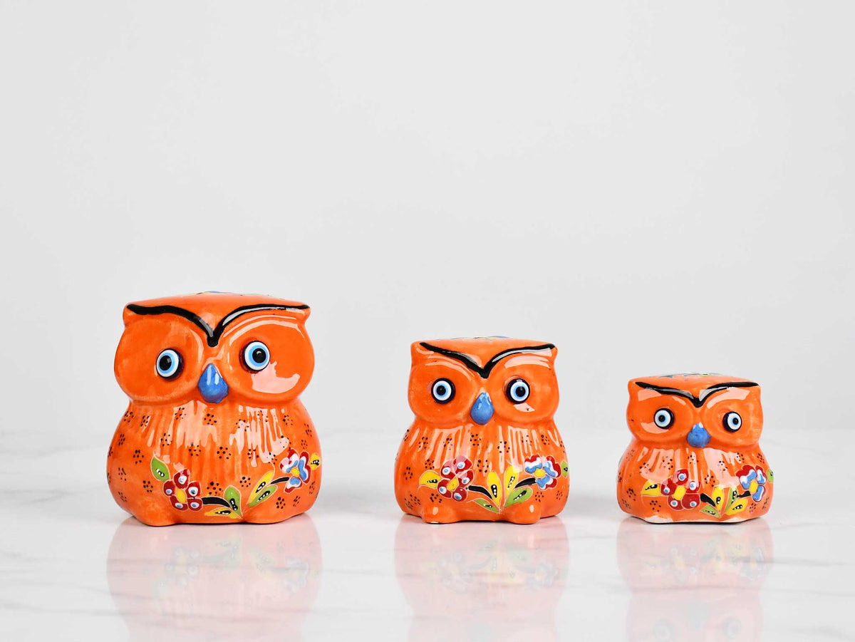 Flower ceramic owl set orange