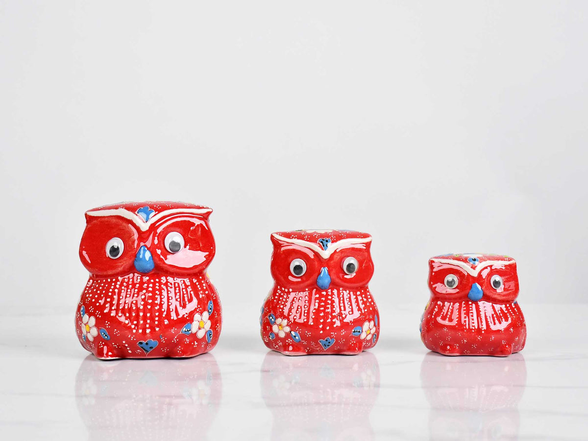 Flower ceramic owl set red