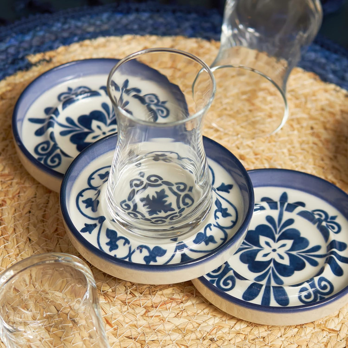 Set of 6 Zeher Blue Stoneware Glass Tea Cups