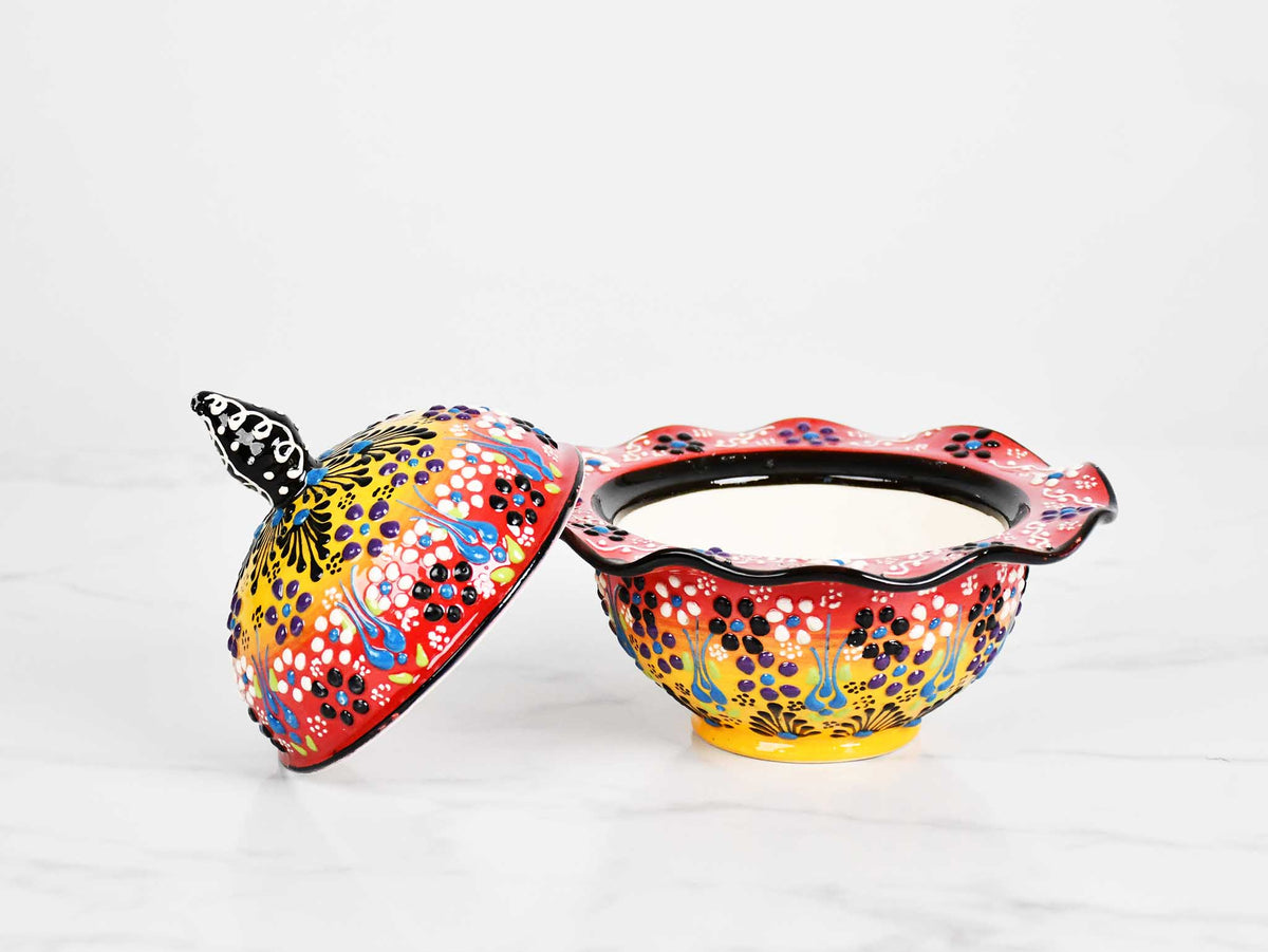 ceramic sugar bowl dantel yellow red