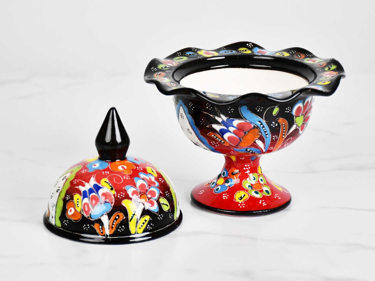 ceramic sugar bowl flower black red 