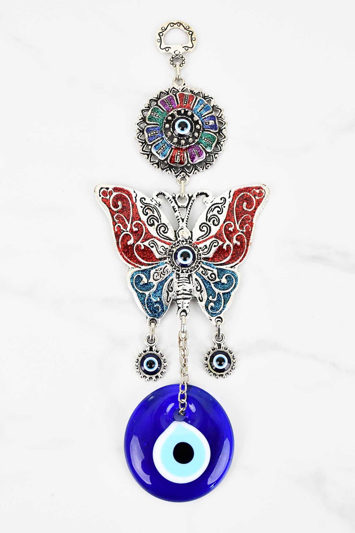 evil eye wall hanging red light blue butterfly