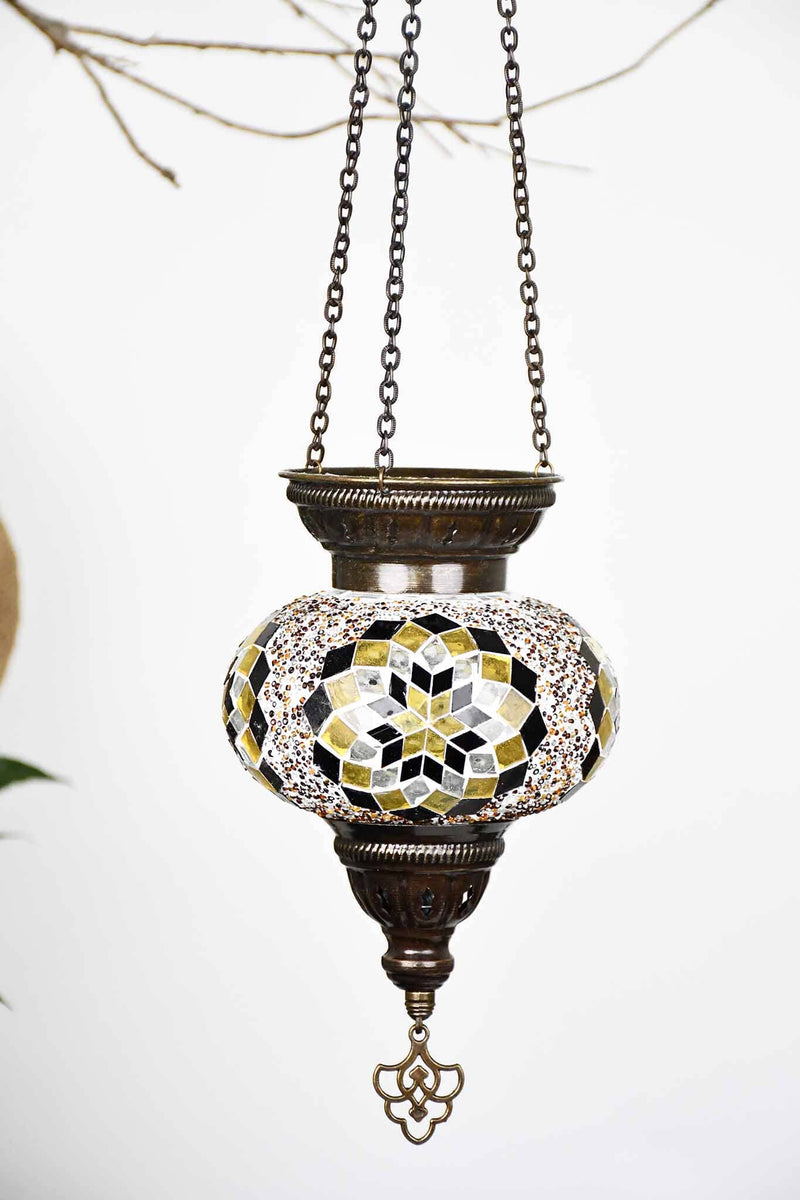 Turkish Mosaic Candle Holder Hanging Bead Kilim Brown