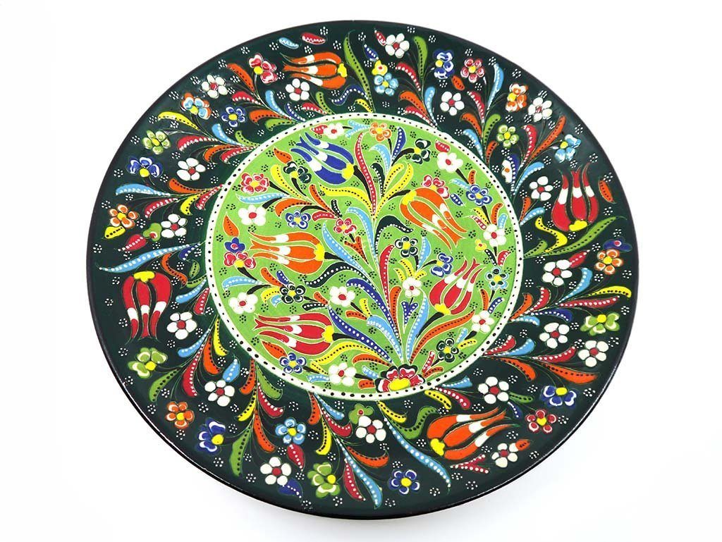 turkish plate round flower green large