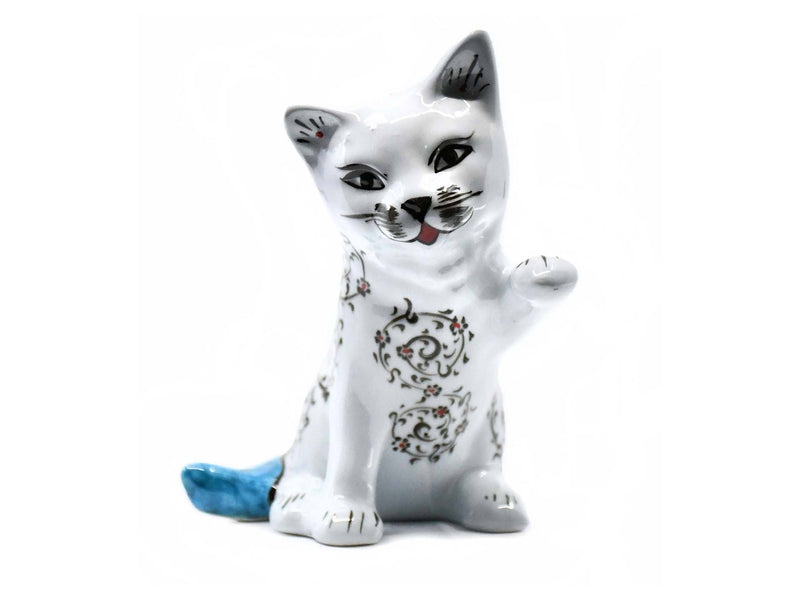 Turkish Ceramic Cat Figurine Playful Light Blue Tail Iznik