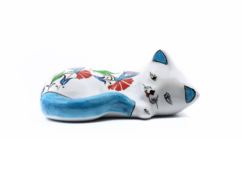 Turkish Ceramic Cat Sleeping Figurine Iznik Light Blue Tail