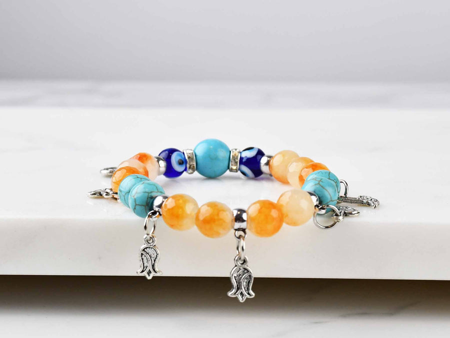 Evil Eye Dangle Bracelet Orange Turquoise Beads Turkish Gifts