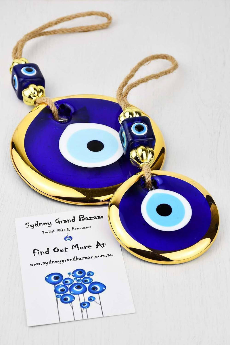 Evil Eye Double Glass Beads Golden Blue Wall Hanging