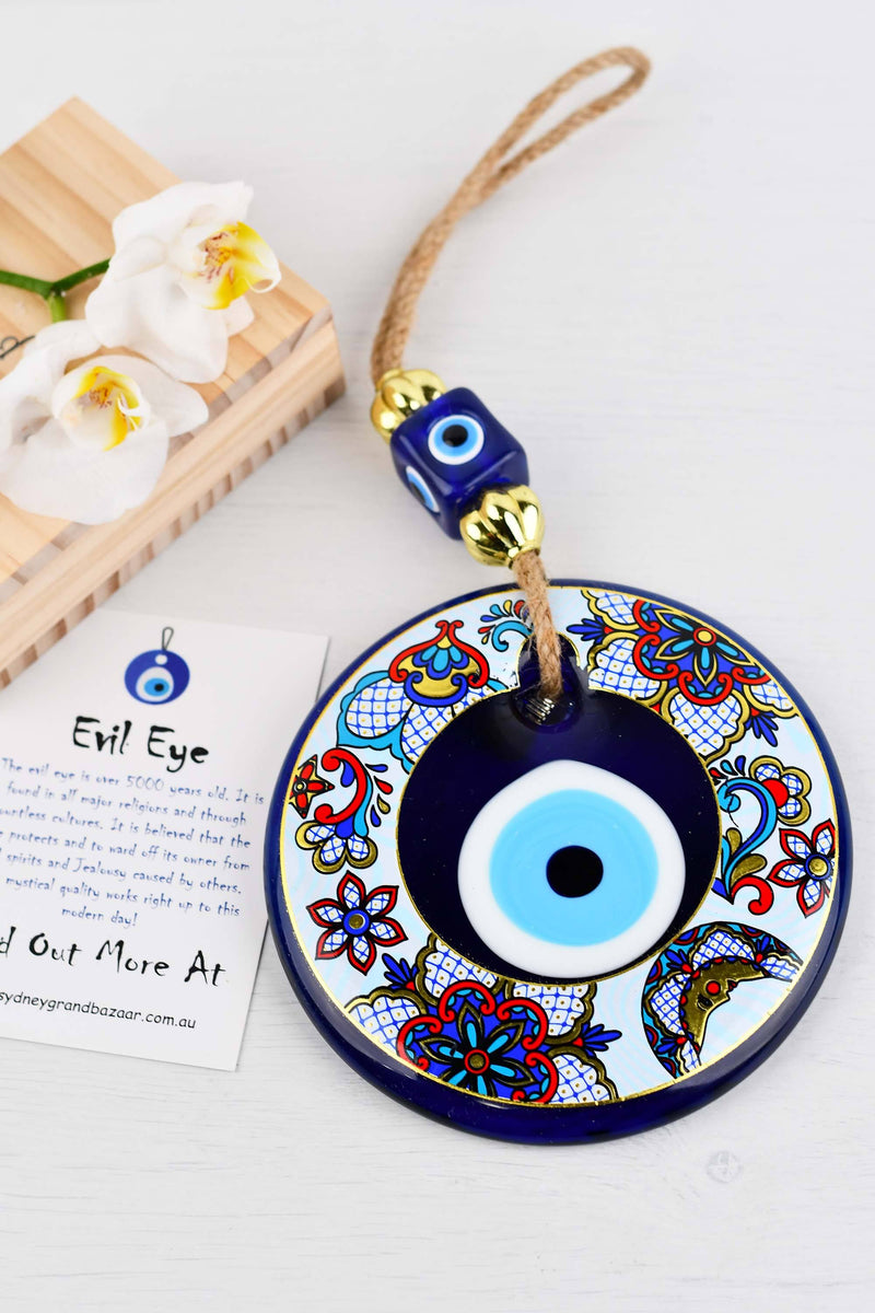 Evil Eye Glass Beads Blue Tulip Printed Wall Hanging