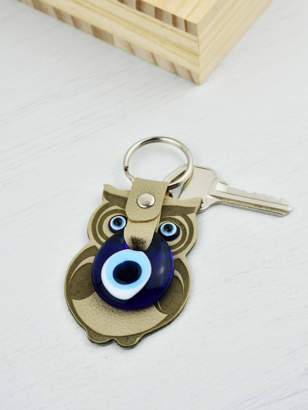 Evil Eye Keyring Faux Leather Owl Beige Evil Eye Sydney Grand Bazaar 