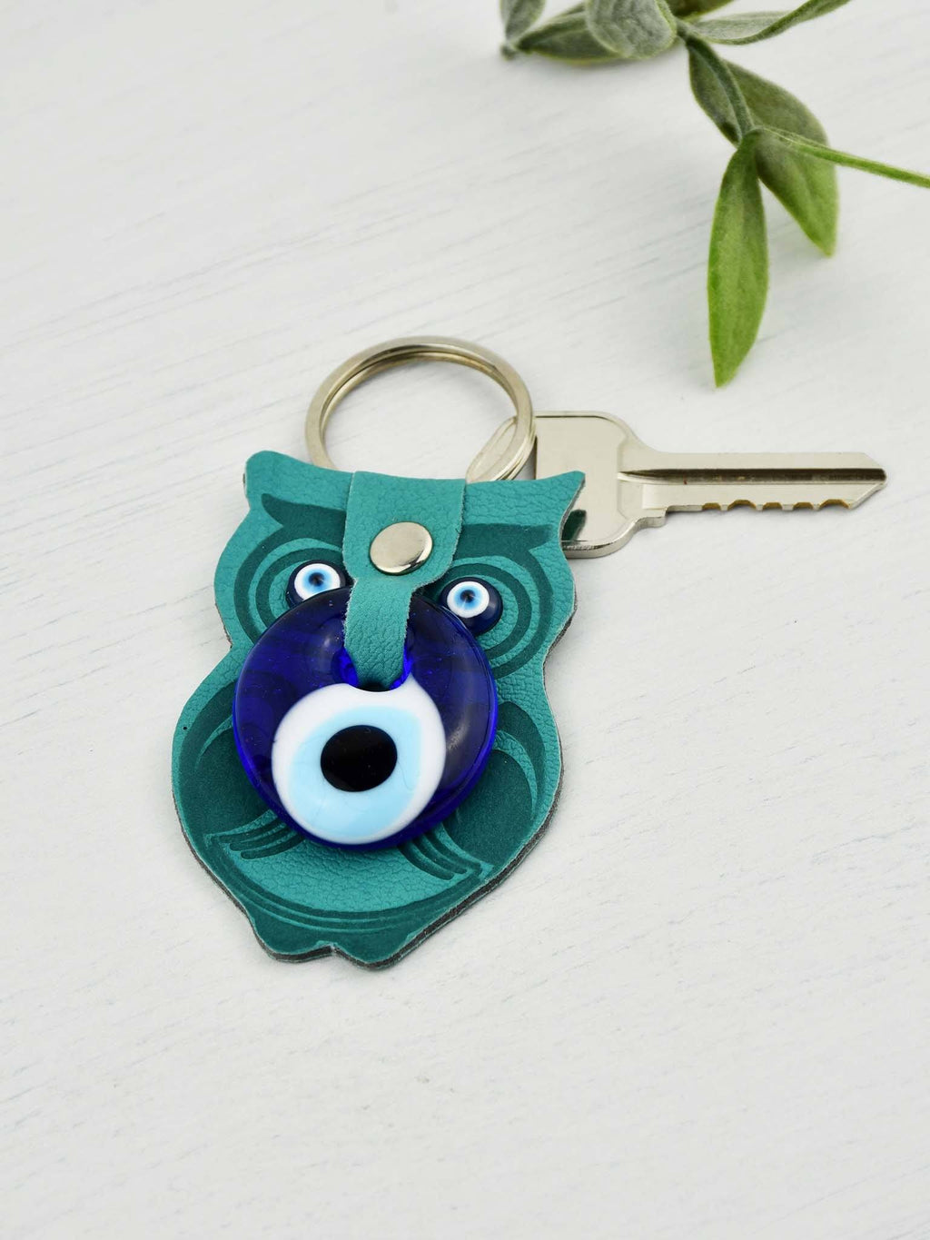 Evil Eye Keyring Faux Leather Owl Sea Green Evil Eye Sydney Grand Bazaar 
