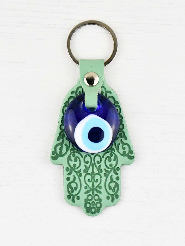 Evil Eye Keyring Leather Hamsa Green