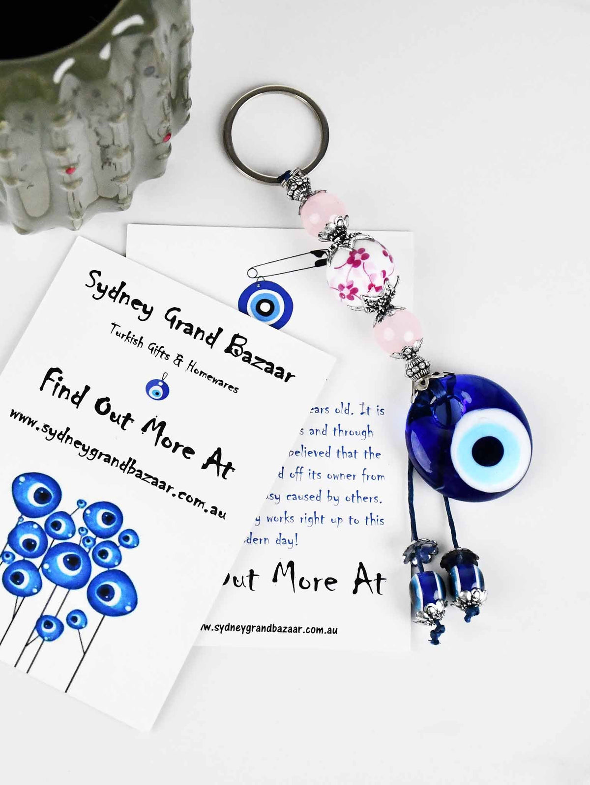 Evil Eye Keyring Small Ceramic Ball Pastel Pink Evil Eye Sydney Grand Bazaar 