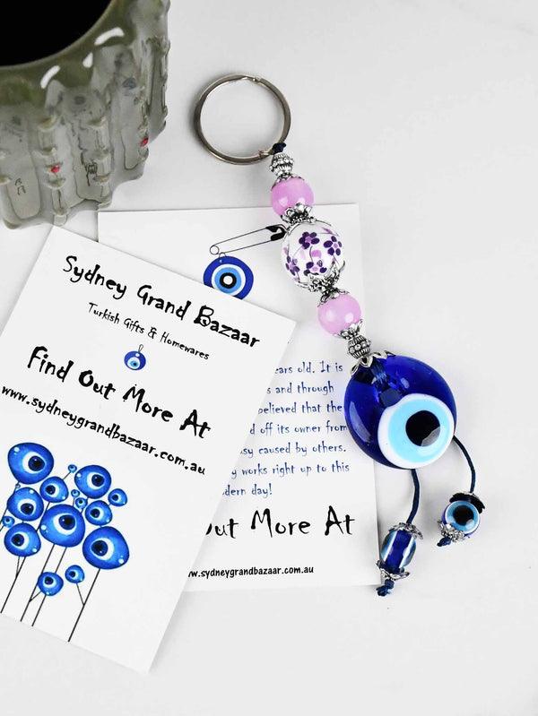 Evil Eye Keyring Small Ceramic Ball Pink Evil Eye Sydney Grand Bazaar 