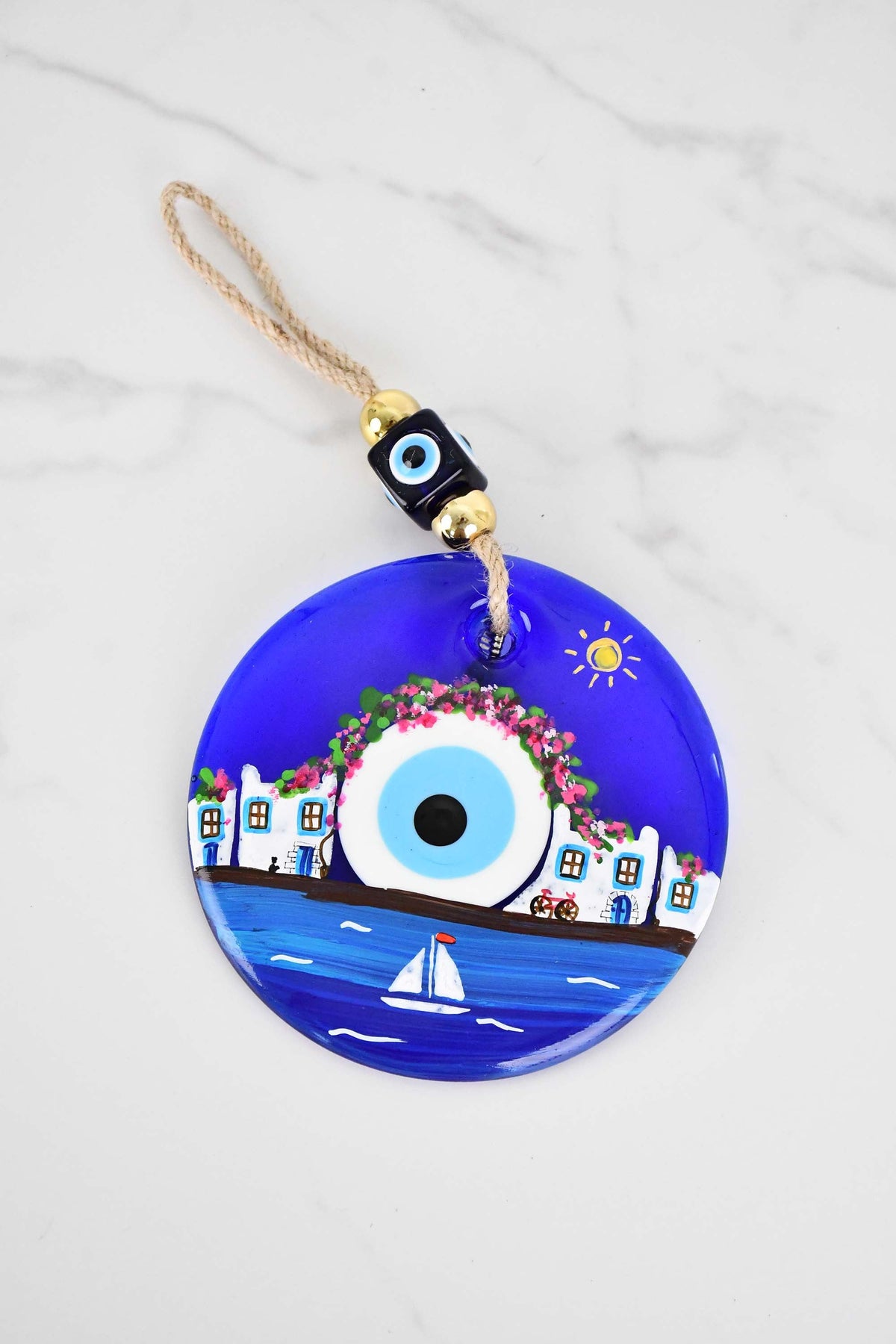 Evil Eye Santorini Themed Hand Painted Large Glass Wall Hanging Evil Eye Sydney Grand Bazaar 