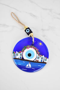 Evil Eye Santorini Themed Hand Painted Large Glass Wall Hanging Evil Eye Sydney Grand Bazaar 