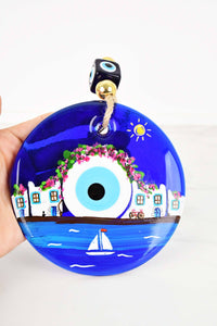 Evil Eye Santorini Themed Hand Painted Large Glass Wall Hanging Evil Eye Sydney Grand Bazaar 