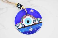 Evil Eye Santorini Themed Hand Painted Large Glass Wall Hanging Evil Eye Sydney Grand Bazaar 