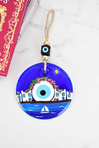 Evil Eye Santorini Themed Hand Painted Large Glass Wall Hanging Evil Eye Sydney Grand Bazaar 