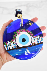 Evil Eye Santorini Themed Hand Painted Large Glass Wall Hanging Evil Eye Sydney Grand Bazaar 