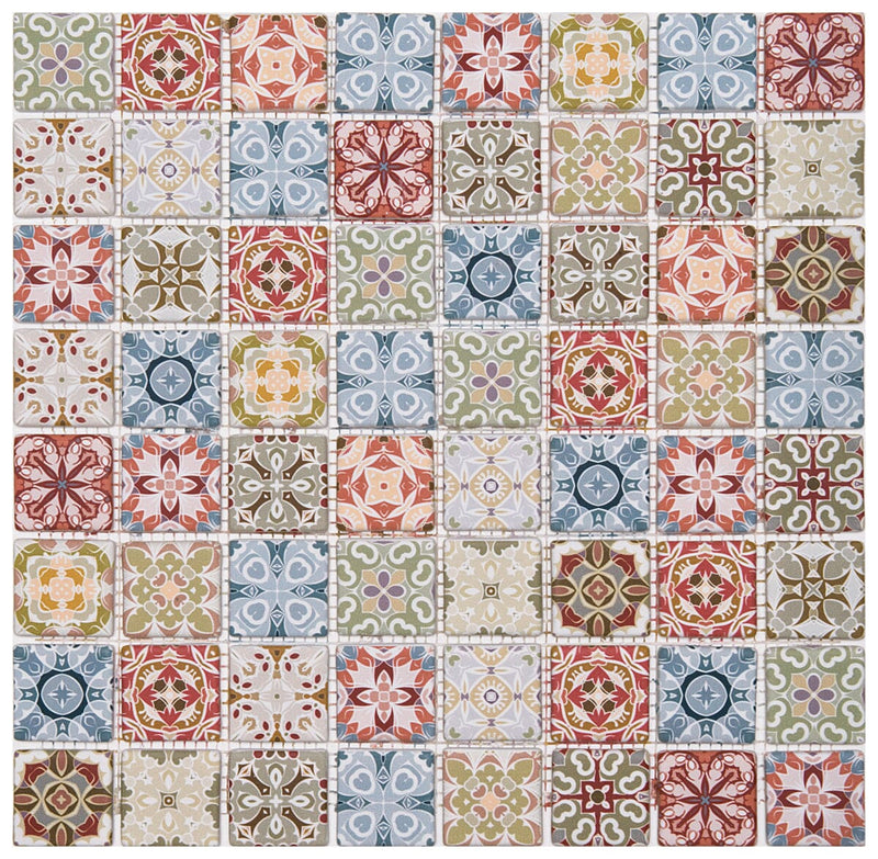 Vintage Cream Blue Mosaic Square Tile