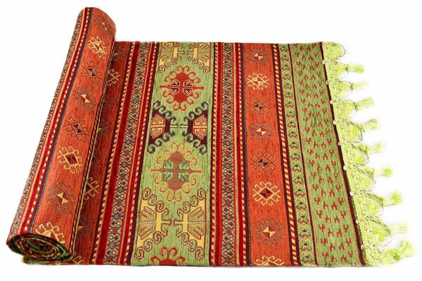 Table Runner Aztec Light Green Rusty Orange Textile Sydney Grand Bazaar 