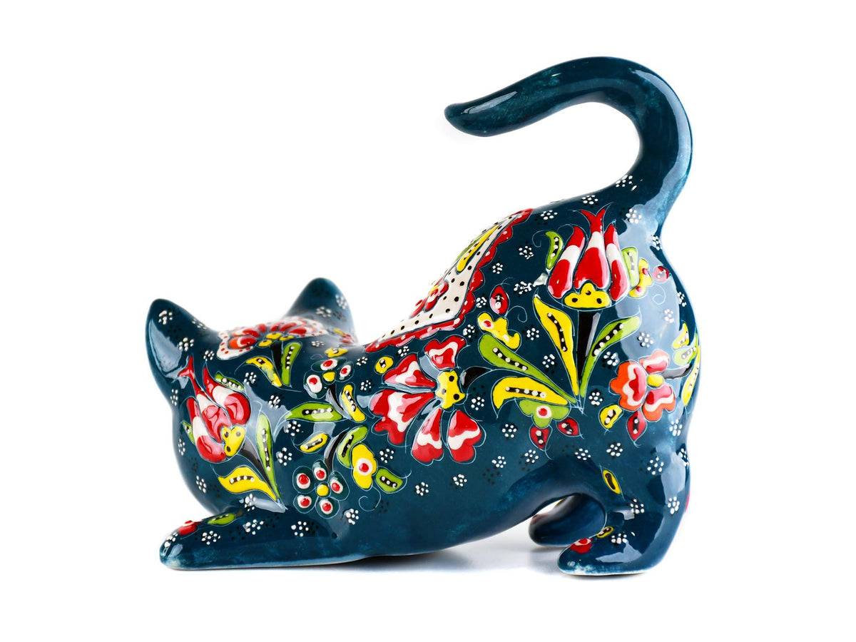 Turkish Ceramic Cat Figurine Flower Green Tail Up Ceramic Sydney Grand Bazaar 