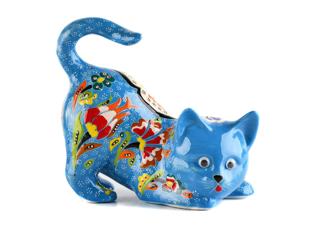 Turkish Ceramic Cat Figurine Flower Light Blue Tail Up Design 2 Ceramic Sydney Grand Bazaar 