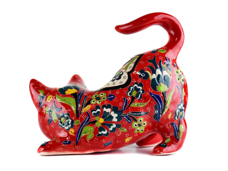 Turkish Ceramic Cat Figurine Flower Red Tail Up Design 2 Ceramic Sydney Grand Bazaar 
