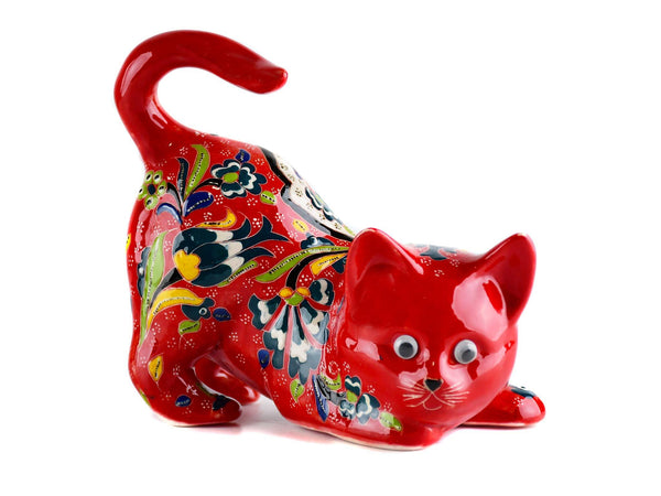 Turkish Ceramic Cat Figurine Flower Red Tail Up Design 2 Ceramic Sydney Grand Bazaar 