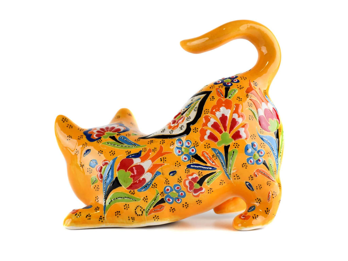 Turkish Ceramic Cat Figurine Flower Yellow Tail Up Ceramic Sydney Grand Bazaar 