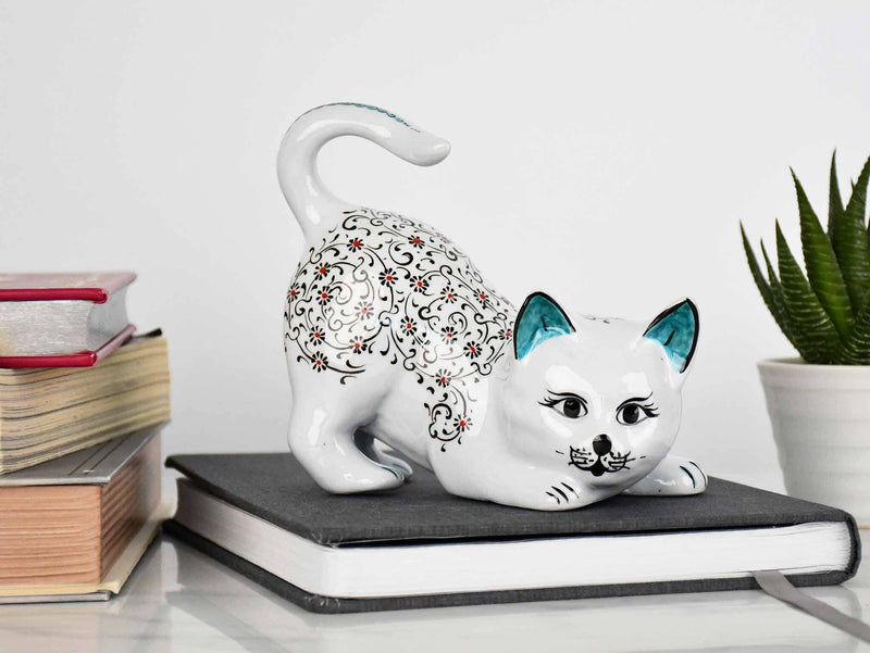Turkish Ceramic Cat Figurines Iznik Black Daisy Tail Up Ceramic Sydney Grand Bazaar 