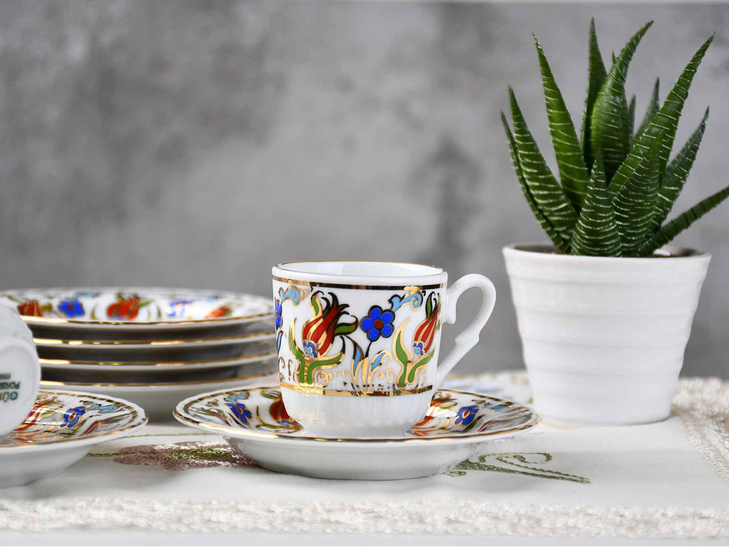 Turkish Coffee Cup Sedef Tulip Daisy Set of 6 Ceramic Sydney Grand Bazaar 