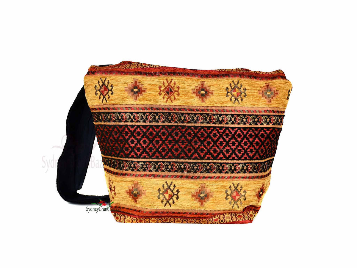 Turkish Handbag Shoulder Aztec golden brown maroon Textile Sydney Grand Bazaar 