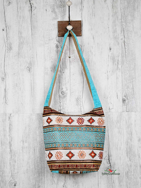 Turkish Handbag Shoulder Aztec Turquoise white Textile Sydney Grand Bazaar 