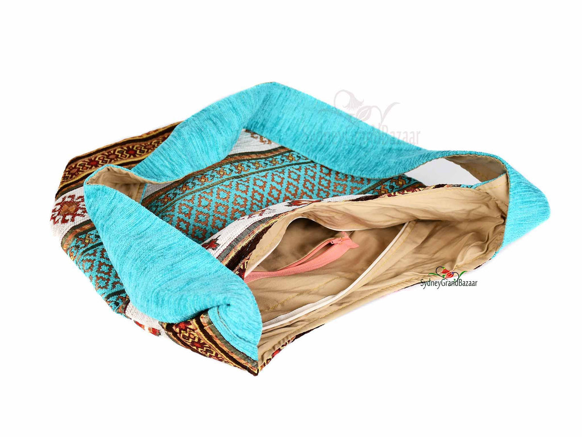 Turkish Handbag Shoulder Aztec Turquoise white Textile Sydney Grand Bazaar 