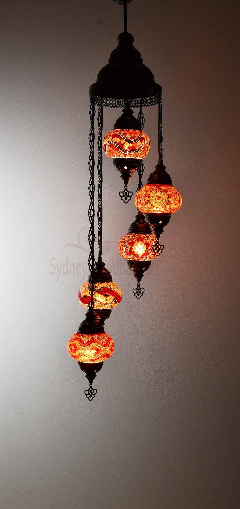 Turkish Mosaic Pendant Light 5 Globes Lighting Sydney Grand Bazaar Red-Orange 
