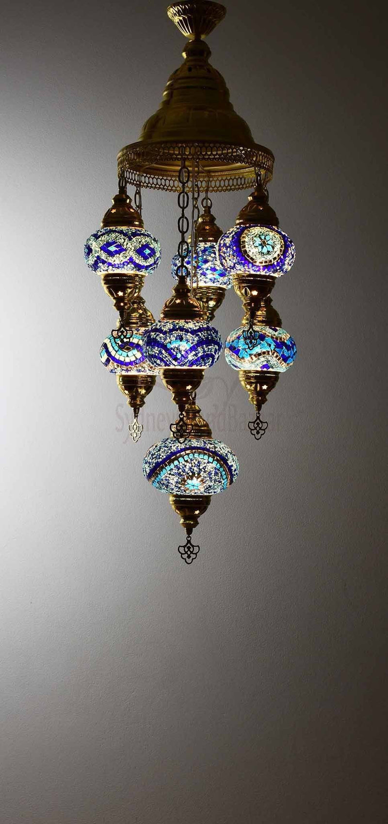 Turkish Mosaic Pendant Light 7 Globes in Gold Lighting Sydney Grand Bazaar Blue 