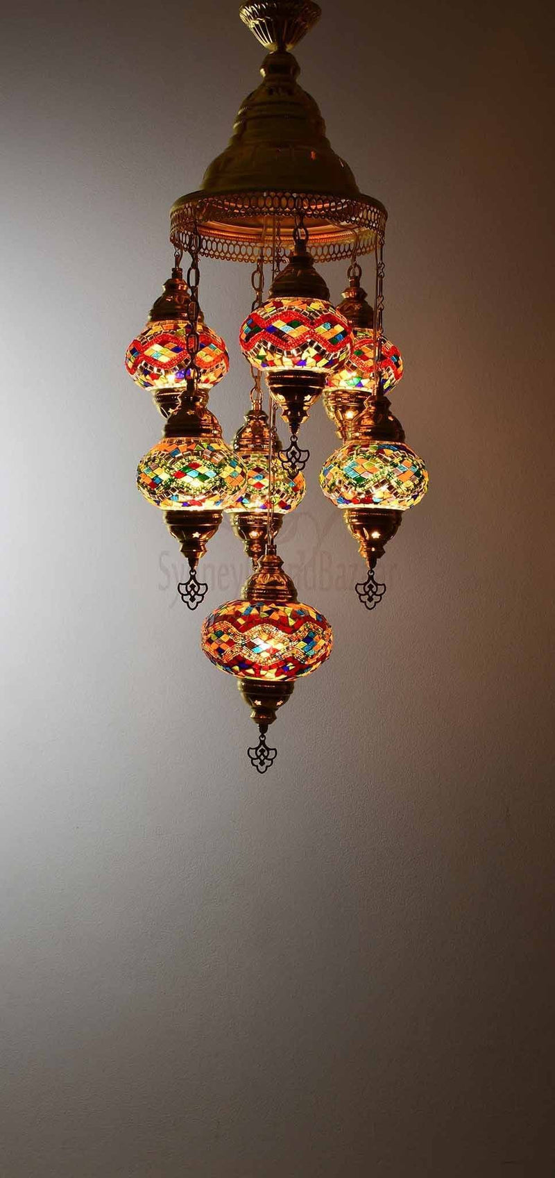Turkish Mosaic Pendant Light 7 Globes in Gold Lighting Sydney Grand Bazaar Multicolour 3 