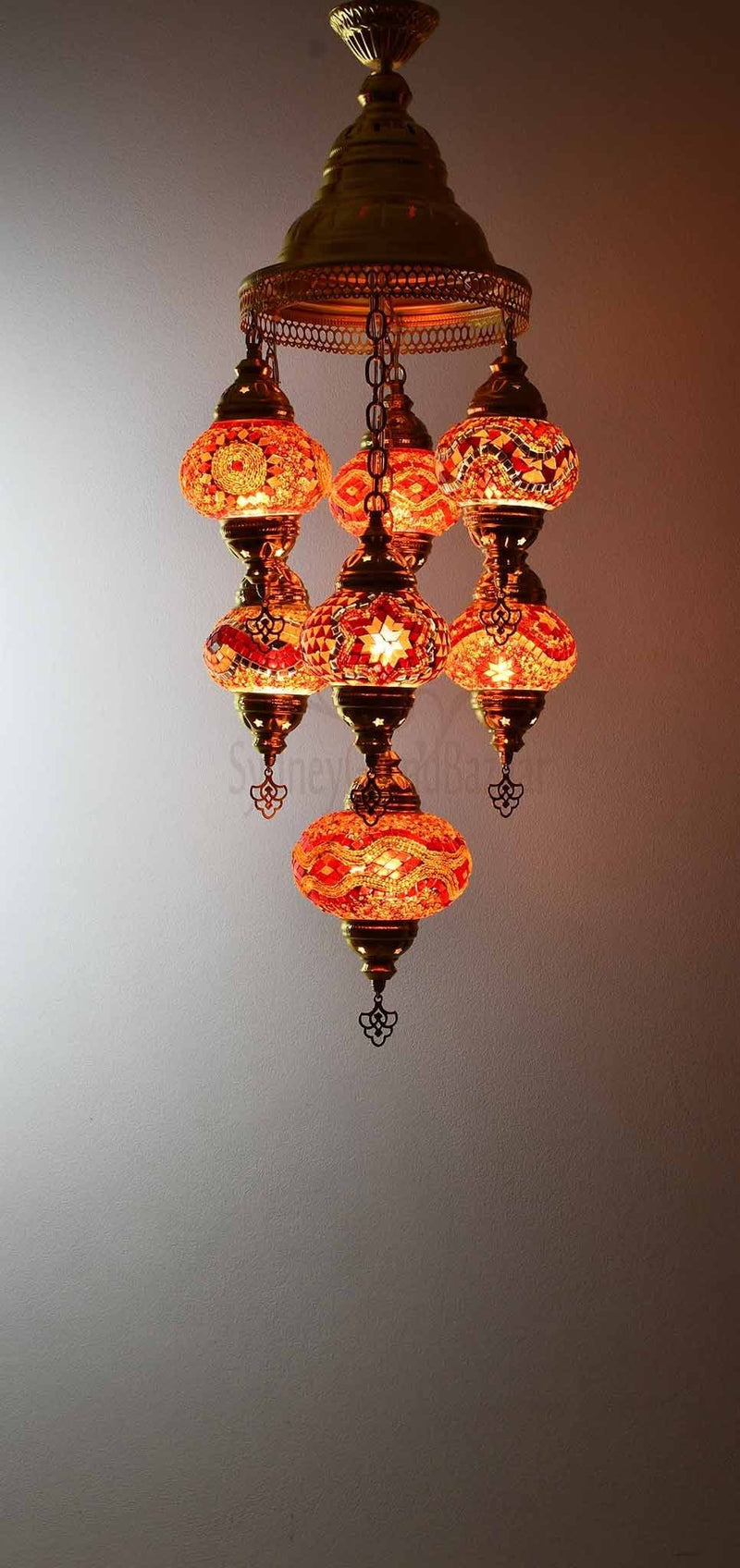 Turkish Mosaic Pendant Light 7 Globes in Gold Lighting Sydney Grand Bazaar Orange red 